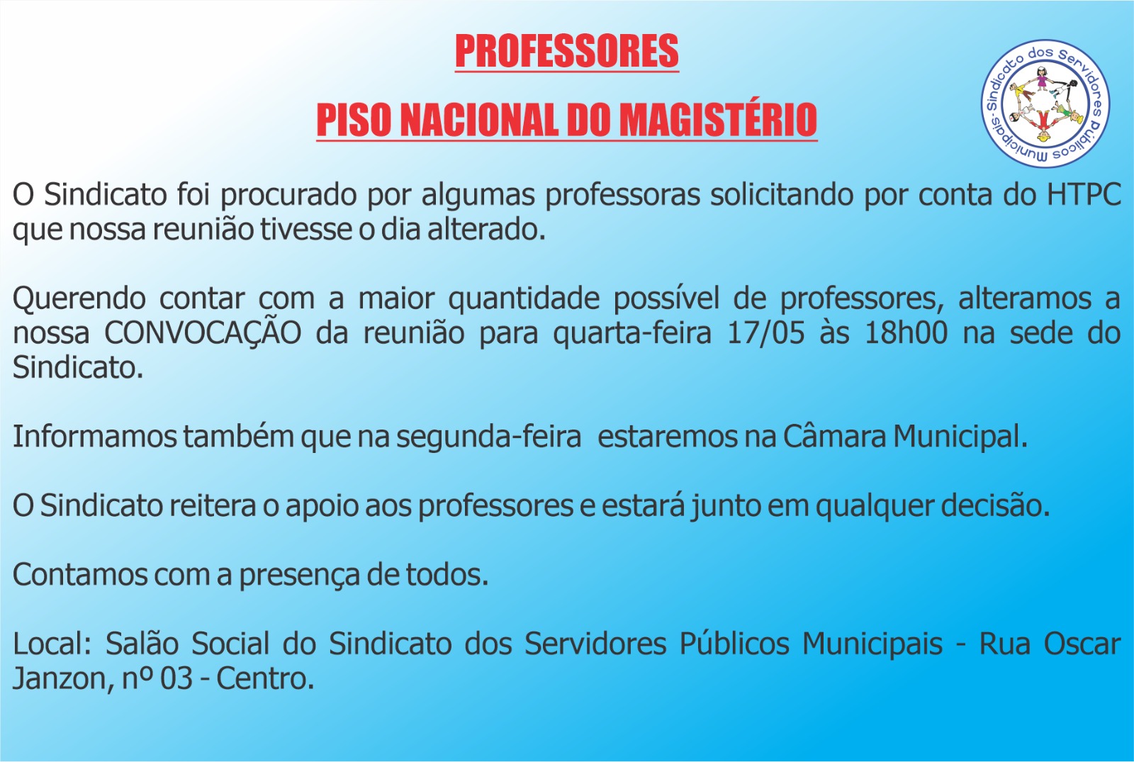 Sindicato convoca professores para reunião